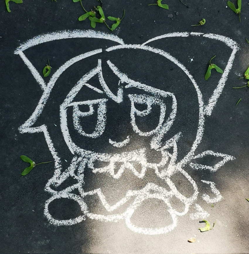 1girl, bow, chalk_(medium), cirno, closed_mouth, dress, full_body, fumo_(doll)
