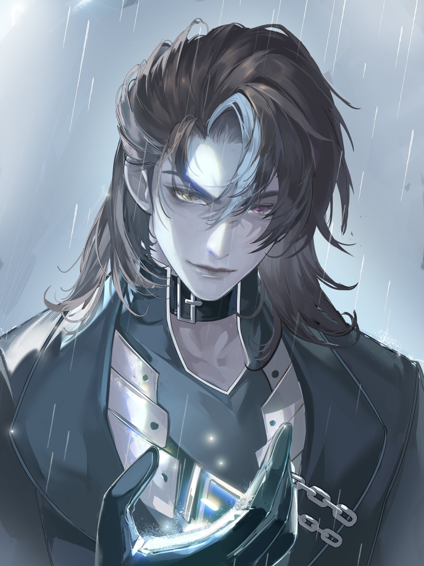 1boy, absurdres, belt_collar, black_coat, black_gloves, black_shirt, brown_hair, chain