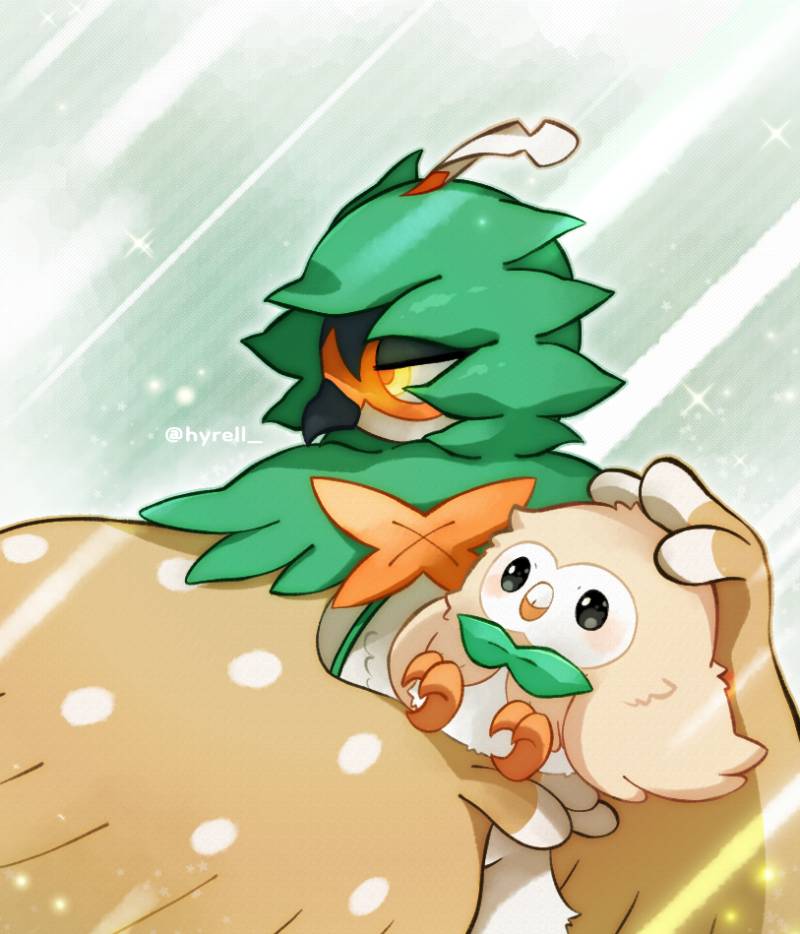 animal_focus, beak, bird, blush, carrying, decidueye, evolutionary_line, green_eyes