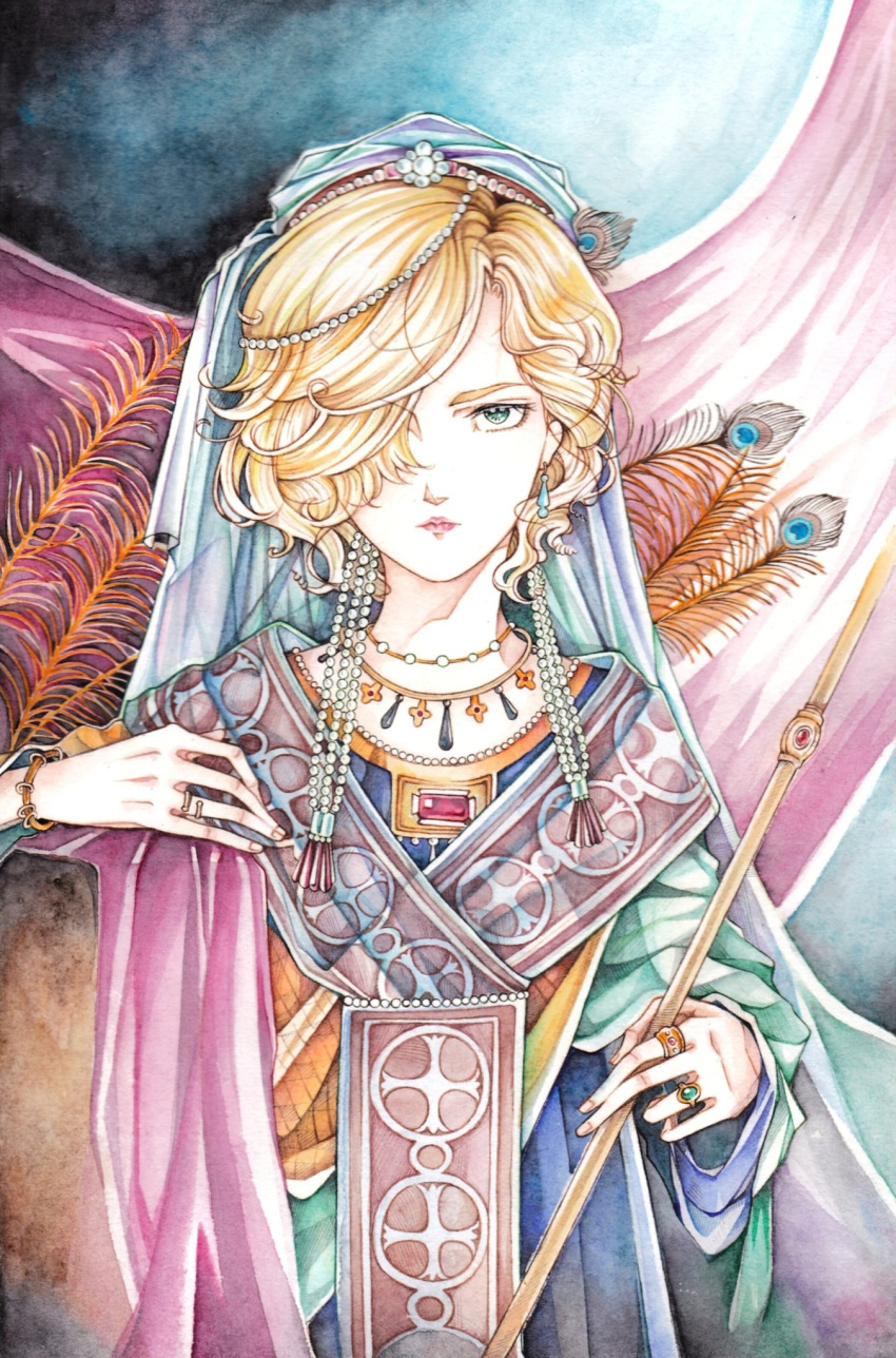 1boy, beads, bishounen, blonde_hair, blue_robe, bracelet, closed_mouth, cross_print
