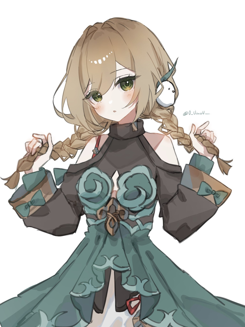 0_uoxou, 1girl, bare_shoulders, bird_hair_ornament, braid, clothing_cutout, commentary_request, cowboy_shot