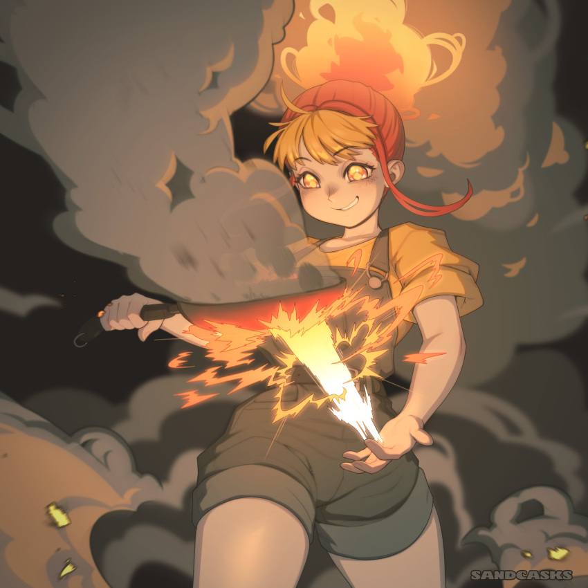 1girl, blonde_hair, cooking, english_commentary, fiery_hair, fire, frying_pan, grey_overalls