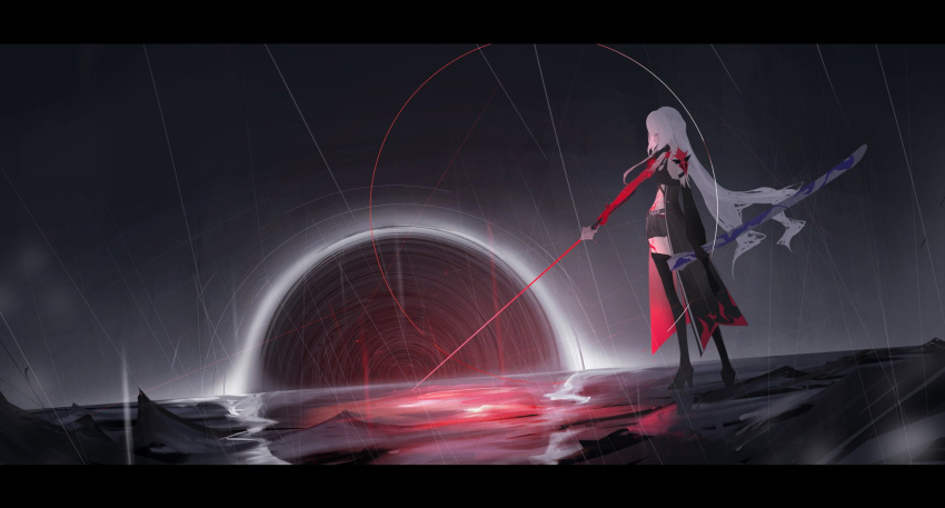 1girl, acheron_(honkai:_star_rail), black_choker, black_coat, black_hole, black_shorts, body_markings, boots