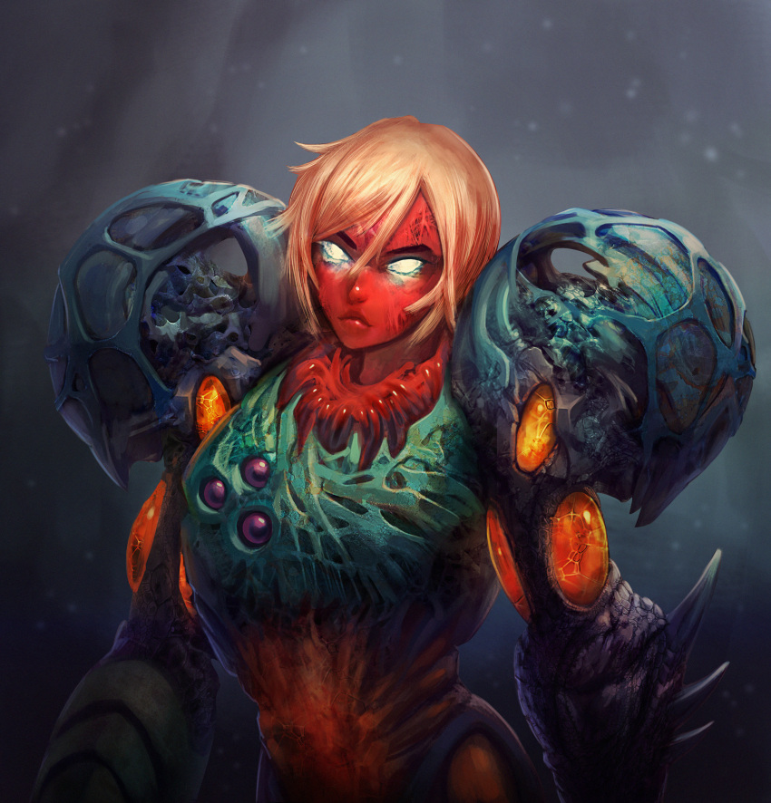 1girl, absurdres, alternate_costume, bad_end, biopunk, blonde_hair, commentary, corruption