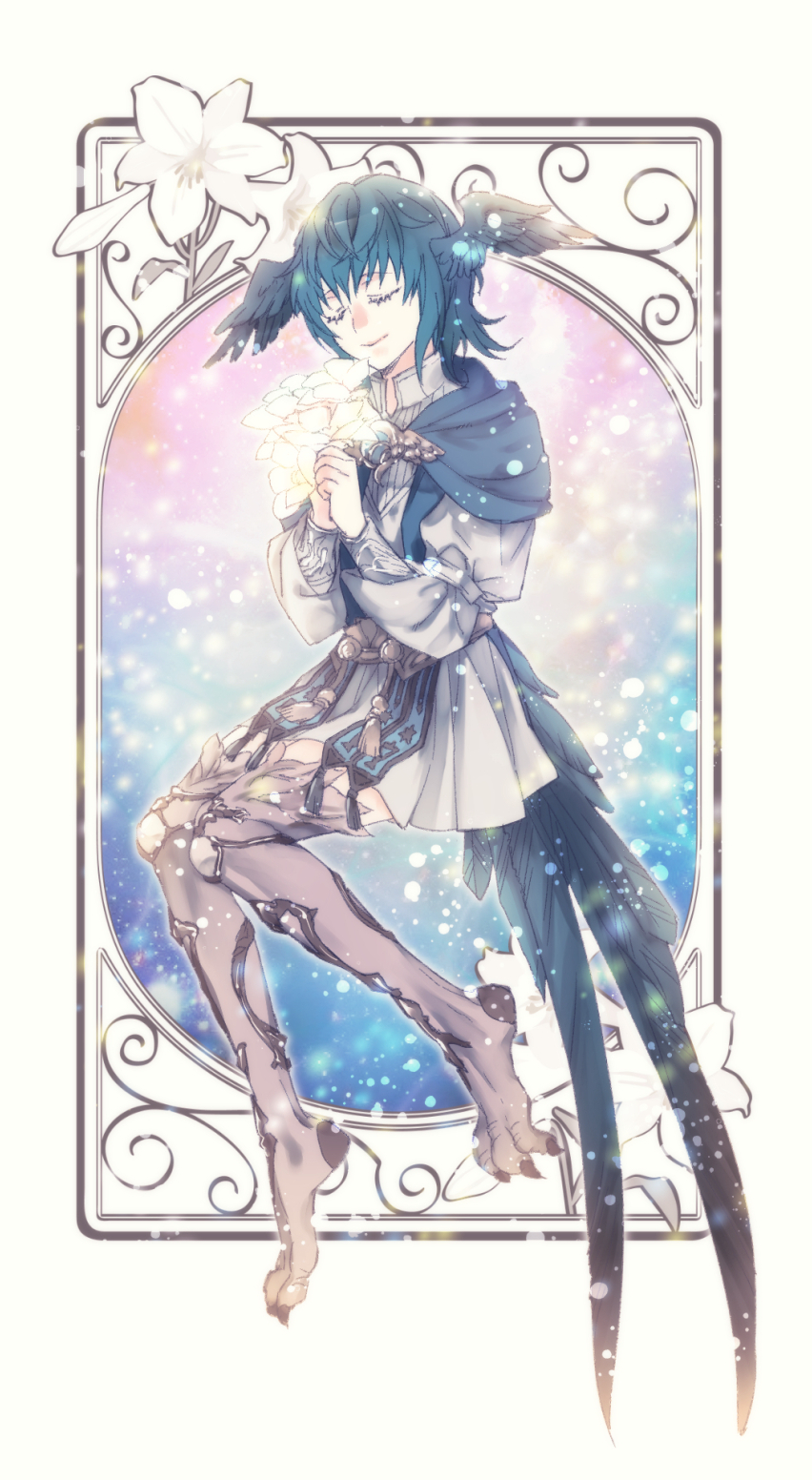 1girl, bird_girl, bird_legs, bird_tail, bird_wings, blue_capelet, blue_hair, border
