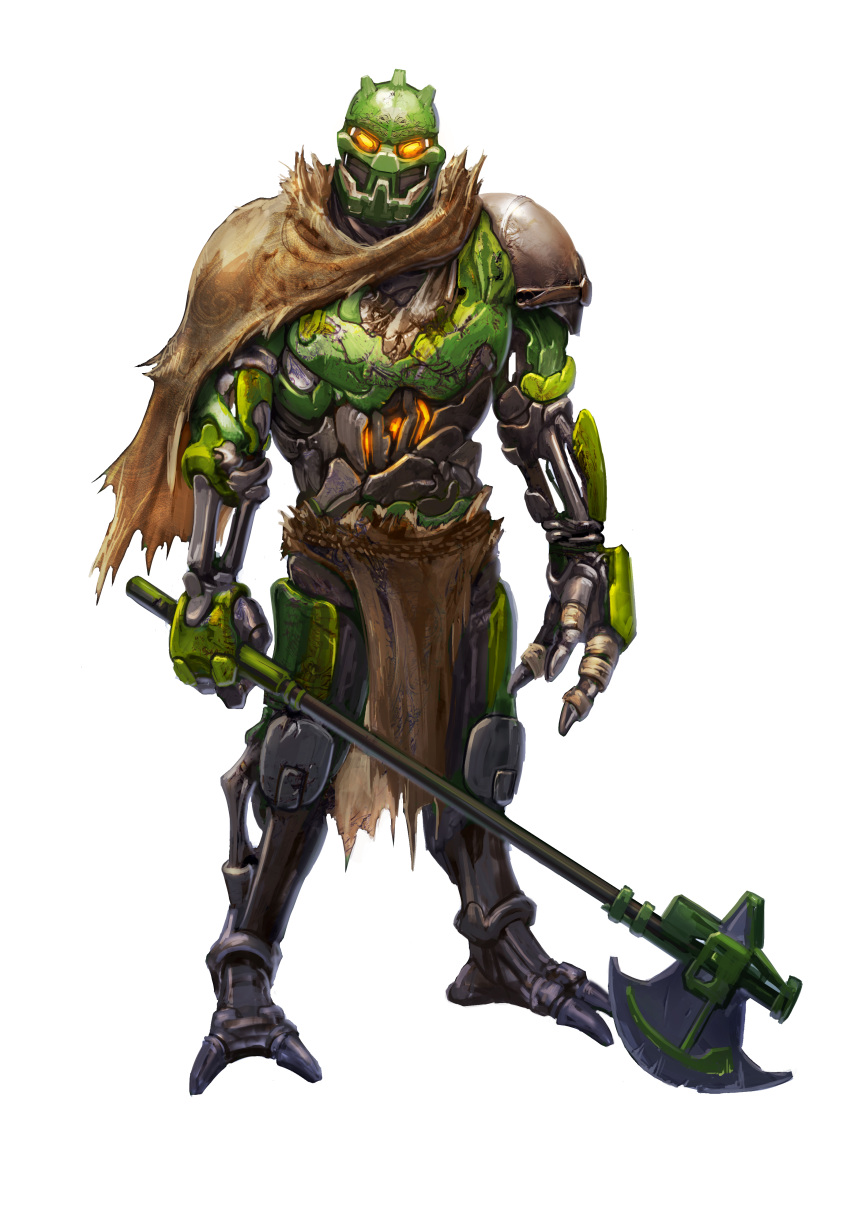 absurdres, axe, bionicle, commentary, english_commentary, glowing, glowing_eyes, head_tilt