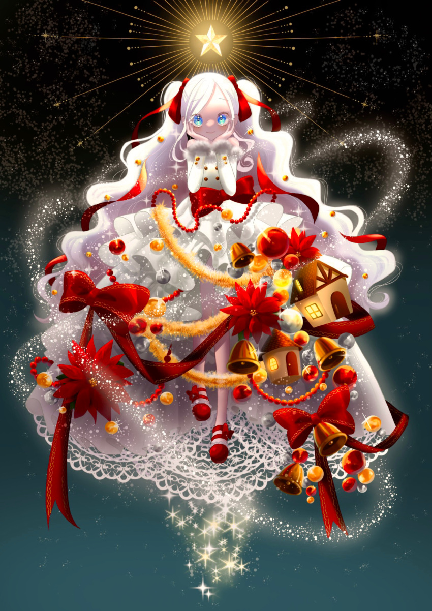 1girl, absurdres, bell, blue_eyes, bow, christmas, dress, dress_bow, flower, full_body, hair_ribbon, hands_on_own_cheeks, hands_on_own_face, highres, house, long_hair, long_sleeves, looking_at_viewer, magifes_himawari, original, parted_bangs, poinsettia, red_bow, red_footwear, red_ribbon, ribbon, star_(symbol), twintails, very_long_hair, white_dress