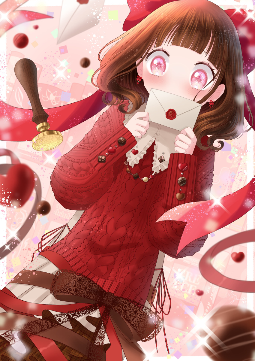 1girl, absurdres, blunt_bangs, bow, brown_skirt, chocolate, covering_own_mouth, earrings