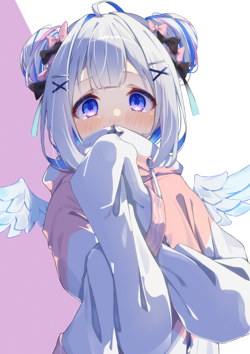 1girl, absurdres, ahoge, amane_kanata, amane_kanata_(7th_costume), angel_wings, blue_eyes, blue_hair, blush, colored_inner_hair, commentary_request, covering_own_mouth, crossed_arms, double_bun, grey_hair, hair_bun, hair_ornament, highres, hololive, jacket, kisara_mikami, long_sleeves, looking_at_viewer, multicolored_clothes, multicolored_hair, multicolored_jacket, pink_background, pink_hair, sleeves_past_fingers, sleeves_past_wrists, solo, streaked_hair, two-tone_background, two-tone_jacket, upper_body, virtual_youtuber, white_background, wings, x_hair_ornament
