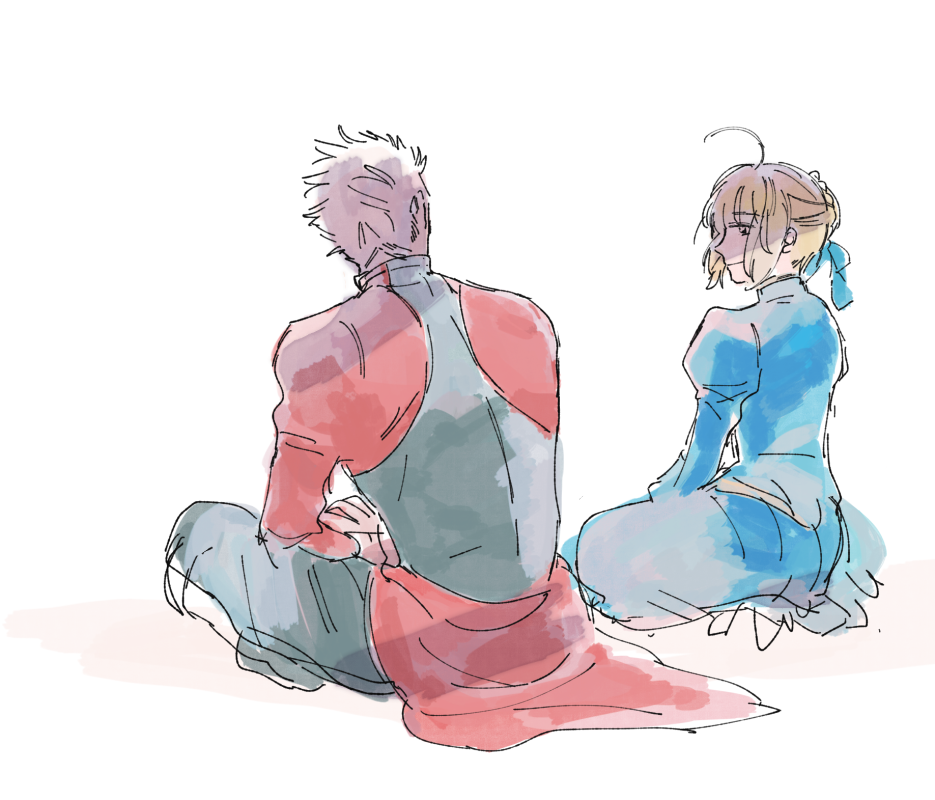 1boy, 1girl, archer_(fate), artoria_pendragon_(fate), bad_id, bad_pixiv_id, black_pants, blonde_hair, braid, crossed_legs, crown_braid, dark-skinned_male, dark_skin, dress, fate/stay_night, fate_(series), funako_(hatoda), juliet_sleeves, long_sleeves, looking_at_another, pants, puffy_sleeves, red_sleeves, seiza, simple_background, sitting, white_background, white_hair