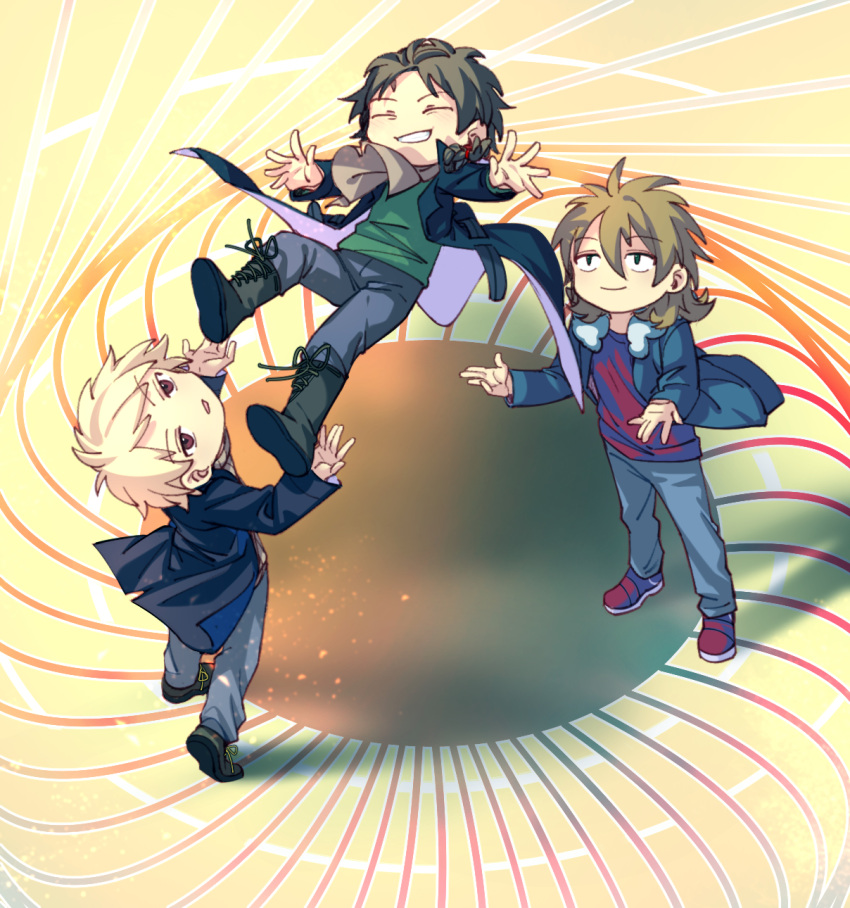 3boys, atou_haruki, black_coat, black_footwear, blonde_hair, blue_coat, boots, braid