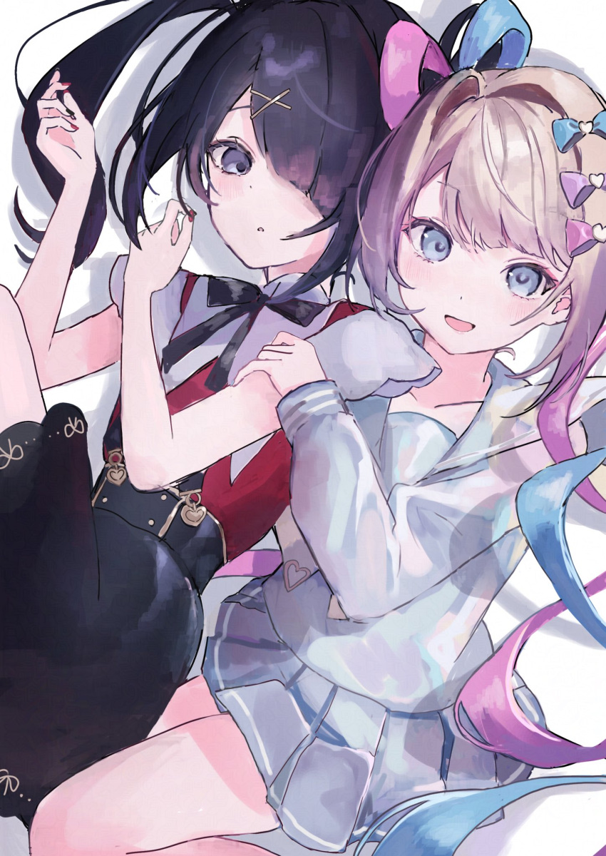 2girls, :d, :o, ame-chan_(needy_girl_overdose), black_eyes, black_hair, black_ribbon, black_skirt, blonde_hair, blue_bow, blue_eyes, blue_hair, blue_shirt, blue_skirt, bow, charlotte11037, chouzetsusaikawa_tenshi-chan, collared_shirt, dual_persona, hair_bow, hair_ornament, hair_over_one_eye, hashtag-only_commentary, high-waist_skirt, highres, long_hair, multiple_girls, multiple_hair_bows, neck_ribbon, needy_girl_overdose, pink_bow, pink_hair, purple_bow, quad_tails, red_shirt, ribbon, sailor_collar, school_uniform, serafuku, shirt, simple_background, skirt, smile, suspender_skirt, suspenders, twintails, white_background, x_hair_ornament