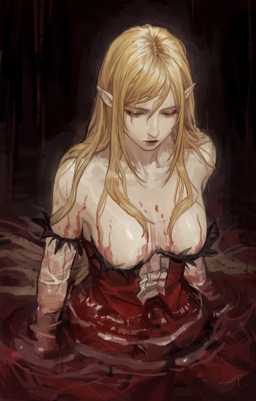 1girl, absurdres, bare_shoulders, blonde_hair, blood, blood_on_breasts, dress, elbow_gloves