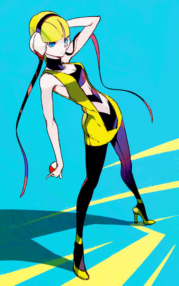 black_pantyhose, blue_eyes, bob_cut, cable, choker, deba, gym_leader, halterneck