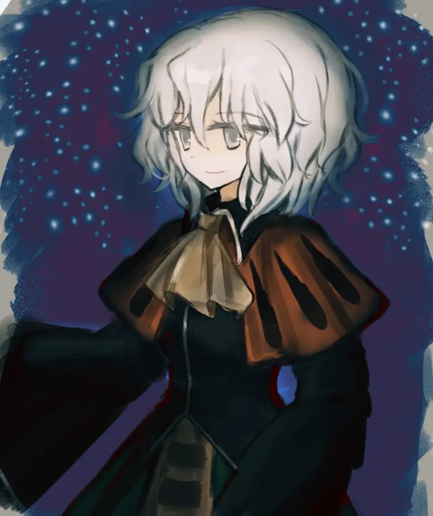 1girl, ascot, black_shirt, breasts, brown_ascot, brown_capelet, capelet, chinese_commentary