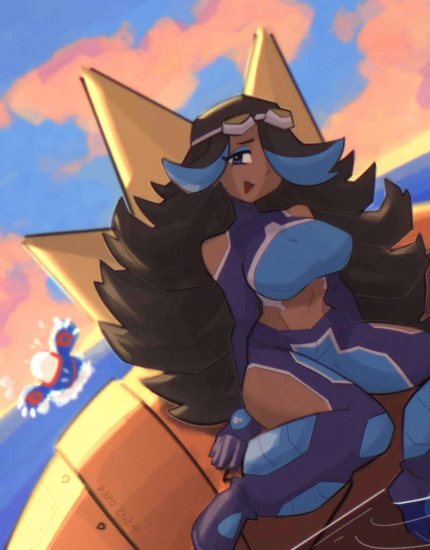 1girl, artist_name, asymmetrical_bangs, bare_shoulders, big_hair, black_hair, blue_bodysuit, blue_eyes
