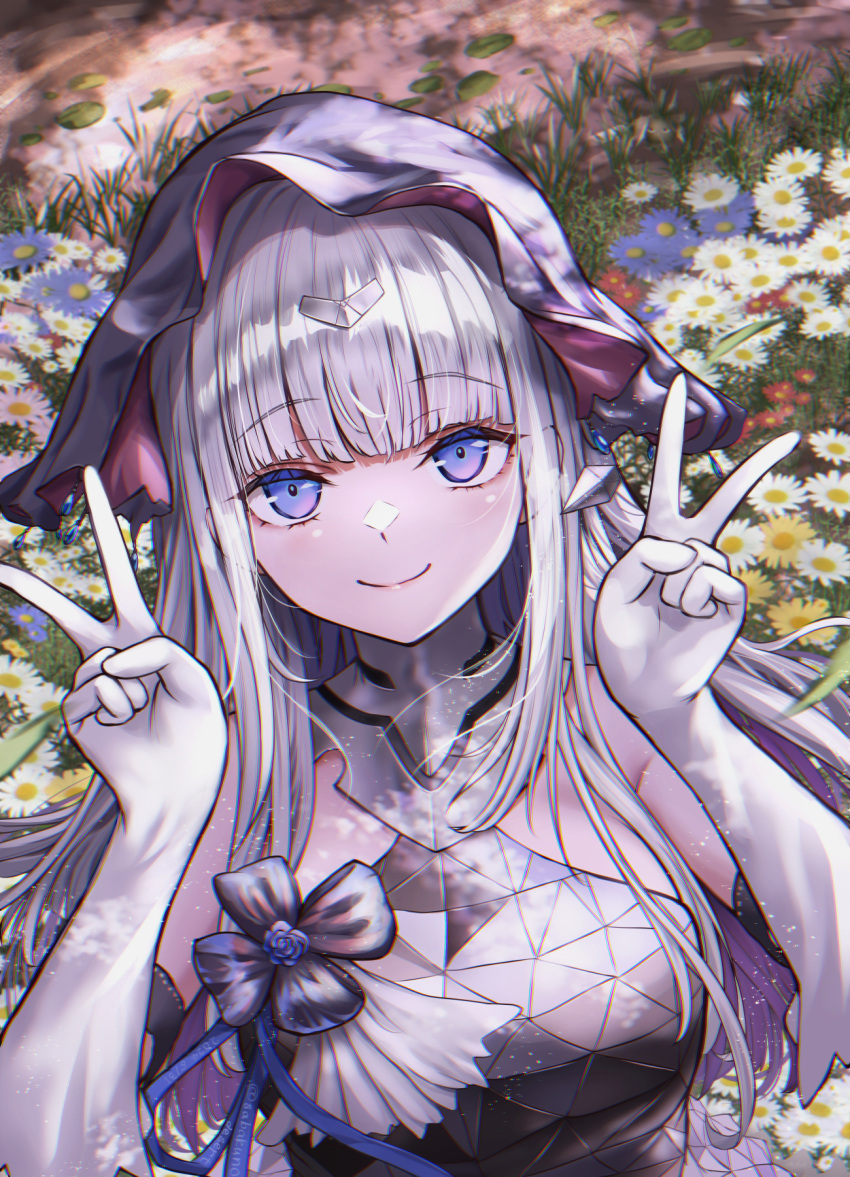 1girl, blue_eyes, closed_mouth, commentary, commentary_request, double_v, elbow_gloves, flower, girls_frontline, gloves, grey_hair, highres, long_hair, looking_at_viewer, nyto_(girls'_frontline), sabakuomoto, sana_(boss)_(girls'_frontline), sana_(girls'_frontline), smile, solo, straight-on, upper_body, v, white_gloves