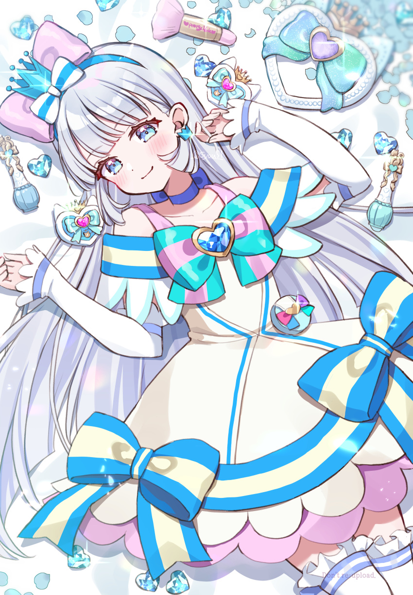 1girl, absurdres, aqua_bow, aqua_bowtie, bare_shoulders, blue_bow, blue_choker, blue_crown, blue_eyes, blue_gemstone, blue_hairband, blue_petals, blush, bottle, bow, bow_choker, bow_hairband, bow_legwear, bowtie, brooch, choker, closed_mouth, crown, crown_earrings, cure_nyammy, dress, dress_bow, earrings, elbow_gloves, eyelashes, fingerless_gloves, frilled_thighhighs, frills, gem, gloves, grey_hair, hair_bow, hairband, happy, heart, heart-shaped_gem, heart_brooch, highres, hiiragi_syuu, jewelry, long_hair, looking_at_viewer, lying, magical_girl, makeup_brush, nekoyashiki_yuki, off-shoulder_dress, off_shoulder, on_back, perfume_bottle, petals, pink_bow, precure, smile, solo, sparkle, striped_bow, stud_earrings, thigh-highs, white_background, white_gloves, wispy_bangs, wonderful_precure!