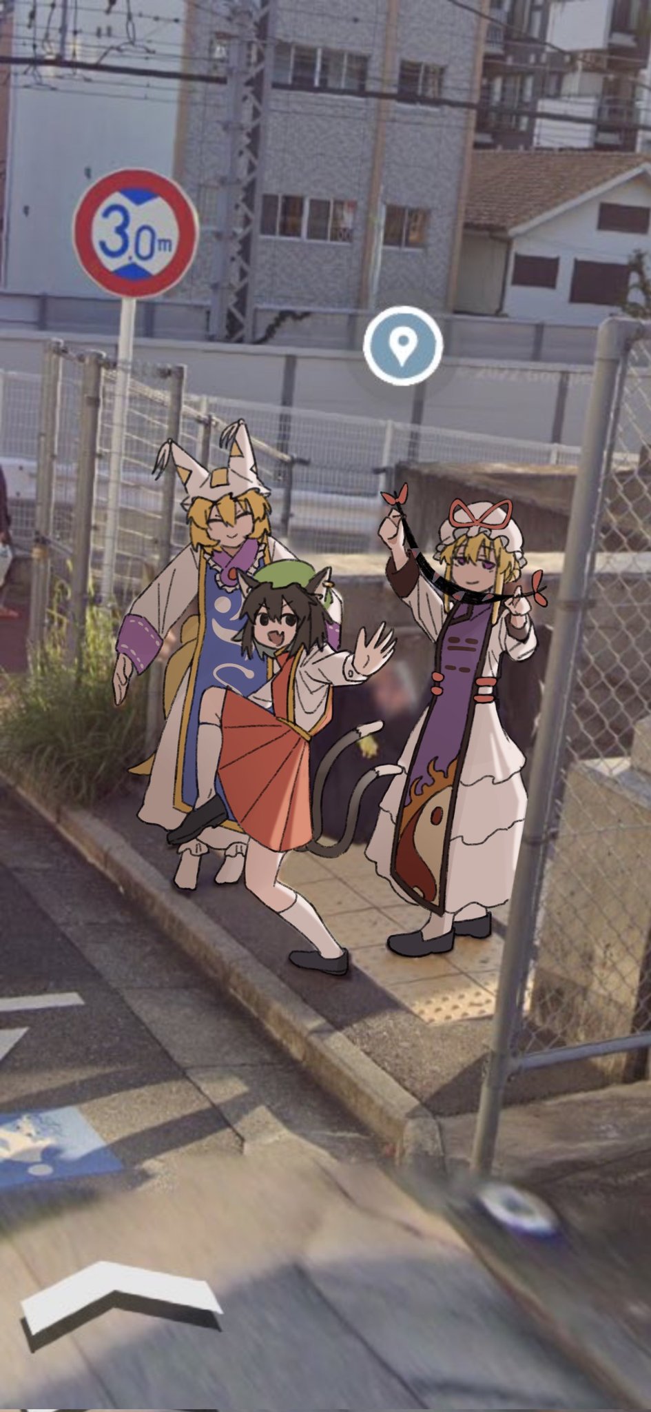 3girls, a-pose, animal_ears, arms_up, black_footwear, blonde_hair, blue_tabard, brown_hair, cat_ears, cat_tail, chain-link_fence, chen, closed_eyes, closed_mouth, dress, earrings, fang, fence, fox_ears, fox_tail, full_body, gap_(touhou), google_street_view, hair_ribbon, hat, high_school_girls_posing_for_google_street_view_(meme), highres, jewelry, kitsune, leg_up, light_smile, looking_at_viewer, medium_hair, meme, mob_cap, multiple_girls, no_pupils, onionmay, open_mouth, outstretched_arm, photo_background, pleated_skirt, purple_tabard, raised_curb, red_skirt, red_vest, ribbon, road_sign, shirt, sidelocks, sign, single_earring, skin_fang, skirt, smile, socks, standing, standing_on_one_leg, tabard, tactile_paving, tail, touhou, vest, violet_eyes, white_dress, white_hat, white_shirt, white_socks, yakumo_ran, yakumo_yukari