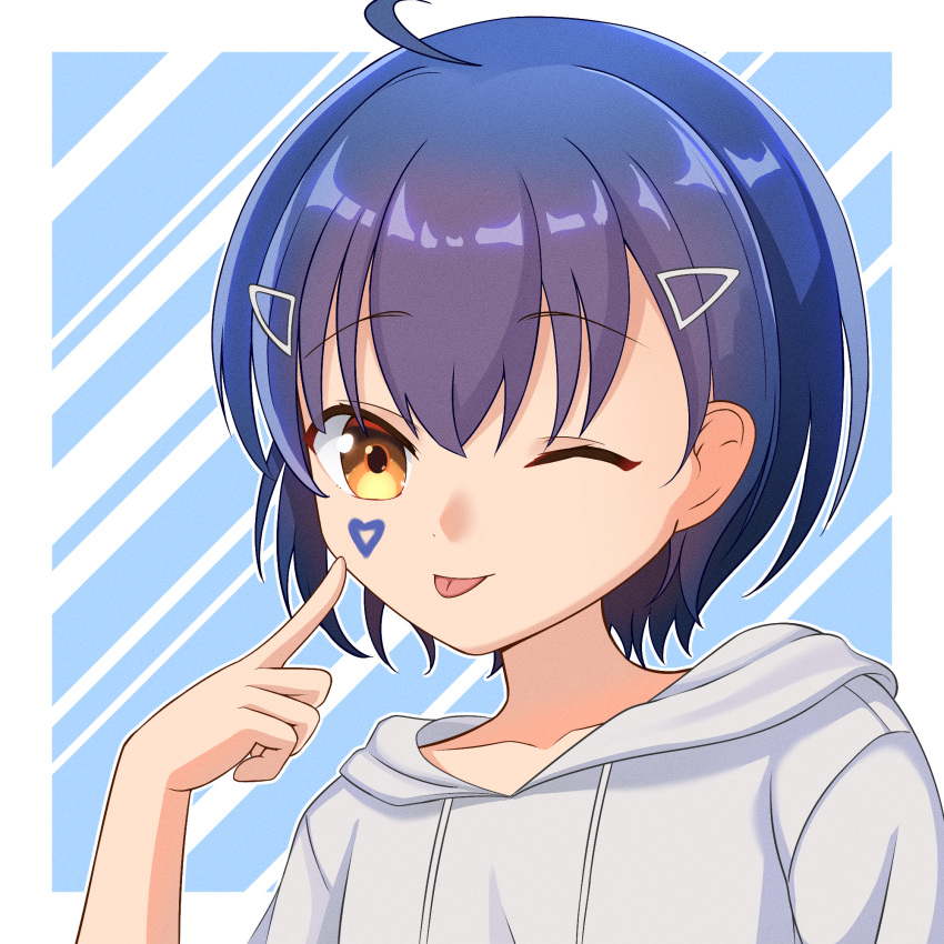 1girl, :p, ahoge, akanbe, alternate_costume, blue_background, blue_hair, collarbone