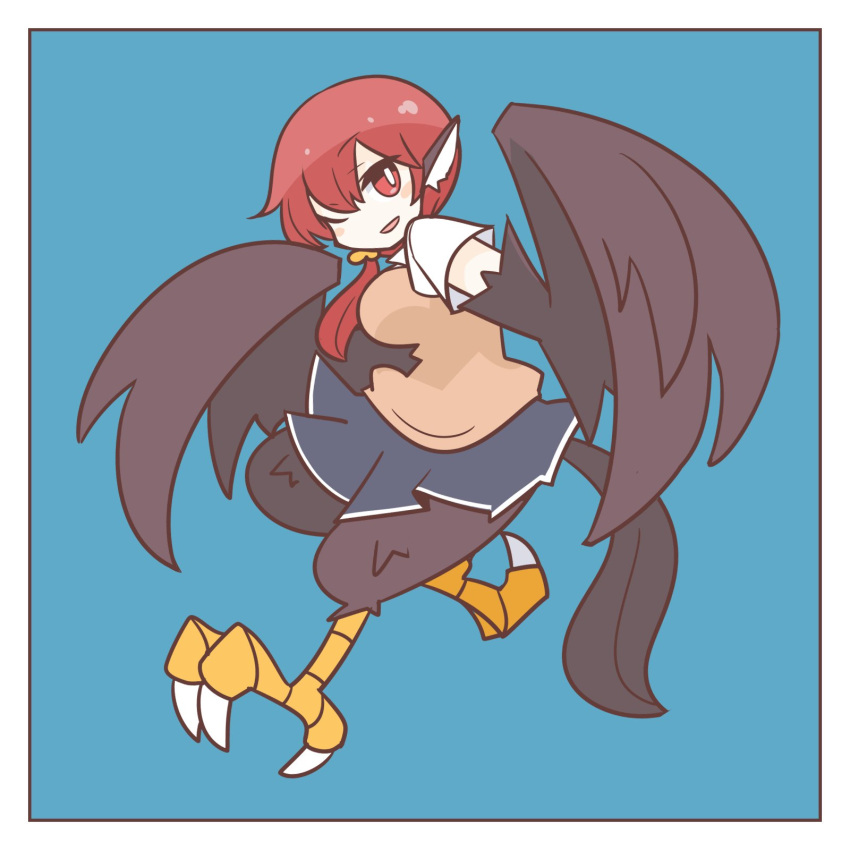 1girl, animal_ears, big_o_pants, bird_ears, bird_legs, bird_tail, black_feathers, black_skirt, black_wings, blue_background, blush_stickers, bright_pupils, brown_vest, commentary, feathers, fio-chan_(big_o_pants), harpy, highres, long_hair, looking_at_viewer, monster_girl, one_eye_closed, original, ponytail, red_eyes, redhead, shirt, skirt, solo, tail, talons, vest, white_pupils, white_shirt, winged_arms, wings