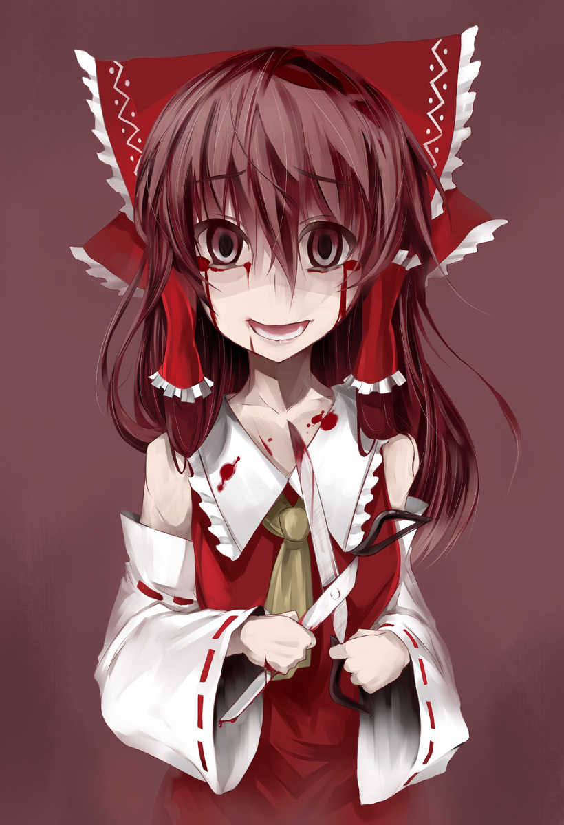 blood, brown_hair, hakurei_reimu, miko5kei, red_eyes, scissors, short_hair, solo