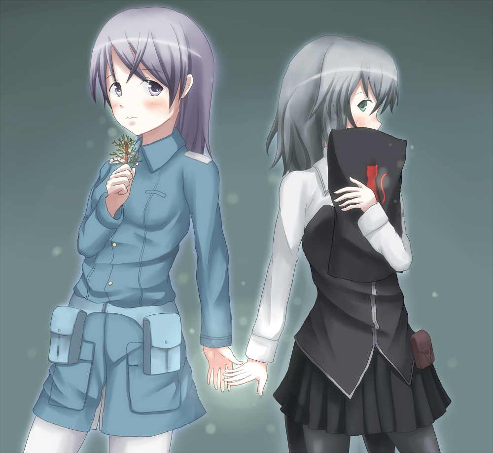 black_legwear, black_pantyhose, blue_eyes, blush, eila_ilmatar_juutilainen, holding_hands, long_hair, military