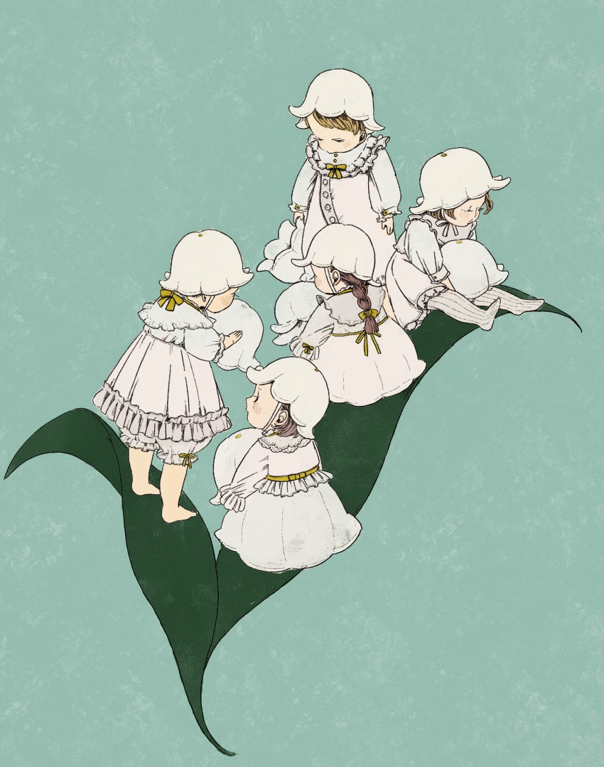 5girls, barefoot, blonde_hair, braid, brown_hair, buttons, dress, flower