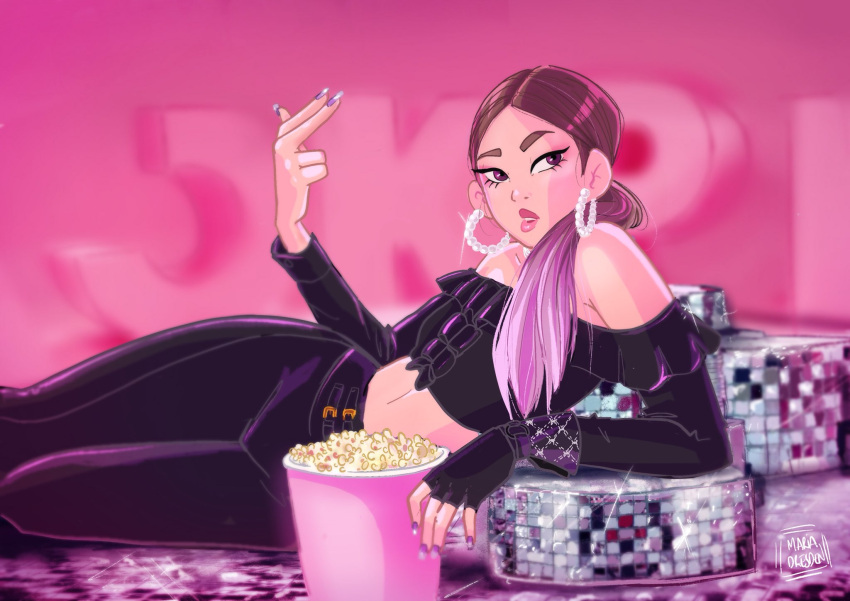 1girl, animification, artist_name, black_pants, blackpink, brown_hair, crop_top, earrings, english_commentary, fingerless_gloves, food, glint, gloves, highres, hoop_earrings, jennie_(blackpink), jewelry, k-pop, lying, makeup, mascara, miadresden, multicolored_hair, pants, ponytail, popcorn, purple_hair, purple_nails, real_life, single_fingerless_glove, solo, two-tone_hair