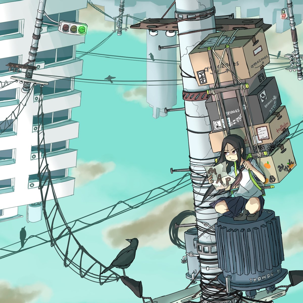 1girl, bird, black_footwear, black_hair, black_skirt, blue_sky, box, brand_name_imitation