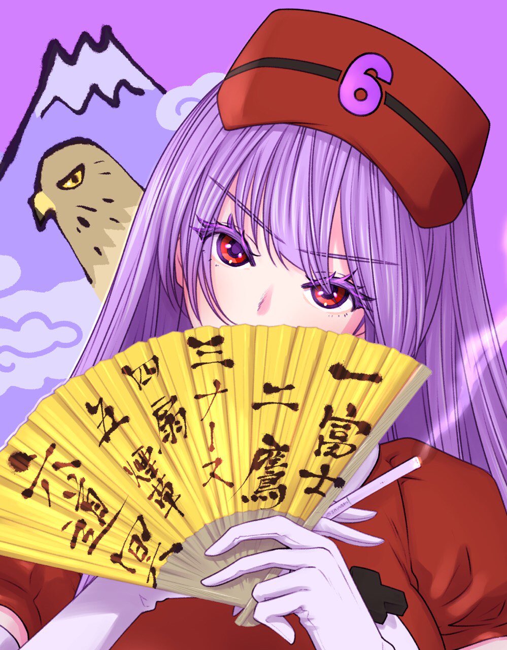 1girl, bird, cigarette, colored_eyelashes, covering_own_mouth, elbow_gloves, fan_to_mouth, folding_fan
