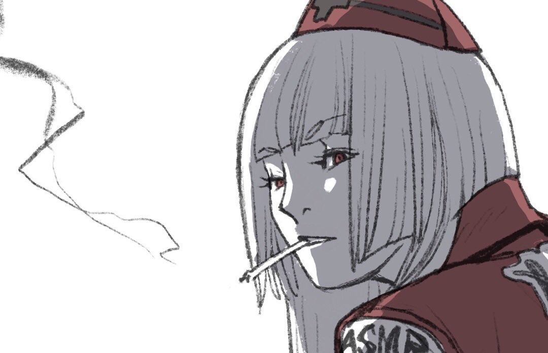 1girl, adapted_costume, blunt_bangs, cigarette, coat, commentary_request, cropped, delinquent