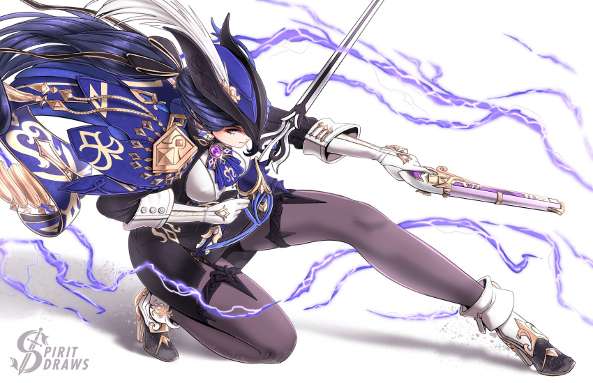 1girl, absolution_(genshin_impact), absurdres, ascot, black_skirt, blue_ascot, blue_cape, cape