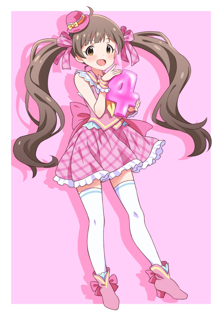 1girl, :d, ahoge, back_bow, balloon, bare_shoulders, blush, boots, border, bow, brown_eyes, brown_hair, commentary_request, contrapposto, countdown, footwear_bow, frilled_skirt, frilled_wrist_cuffs, frills, full_body, gingham, gingham_ribbon, gingham_skirt, goma_konbu, hair_bow, hakozaki_serika, hands_up, hat, hat_bow, hat_ribbon, high_heel_boots, high_heels, highres, holding, holding_balloon, idolmaster, idolmaster_million_live!, jacket, lone_nape_hair, long_hair, looking_at_viewer, looking_to_the_side, mini_hat, miniskirt, neckerchief, number_balloon, open_mouth, outside_border, pink_background, pink_bow, pink_footwear, pink_hat, pink_jacket, pink_skirt, pink_theme, pink_wrist_cuffs, raised_eyebrows, ribbon, shadow, skirt, sleeveless, sleeveless_jacket, smile, solo, standing, tareme, thigh-highs, three_quarter_view, turning_head, twintails, very_long_hair, white_border, white_thighhighs, wrist_cuffs, yellow_bow, yellow_neckerchief, yellow_ribbon, zettai_ryouiki