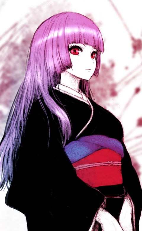 1girl, abstract_background, alternate_costume, black_kimono, blunt_bangs, blurry, blurry_background, breasts
