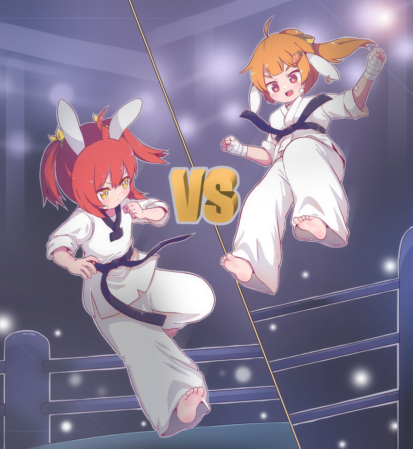 2girls, :d, absurdres, ahoge, animal_ears, bandaged_hand, bandages, belt