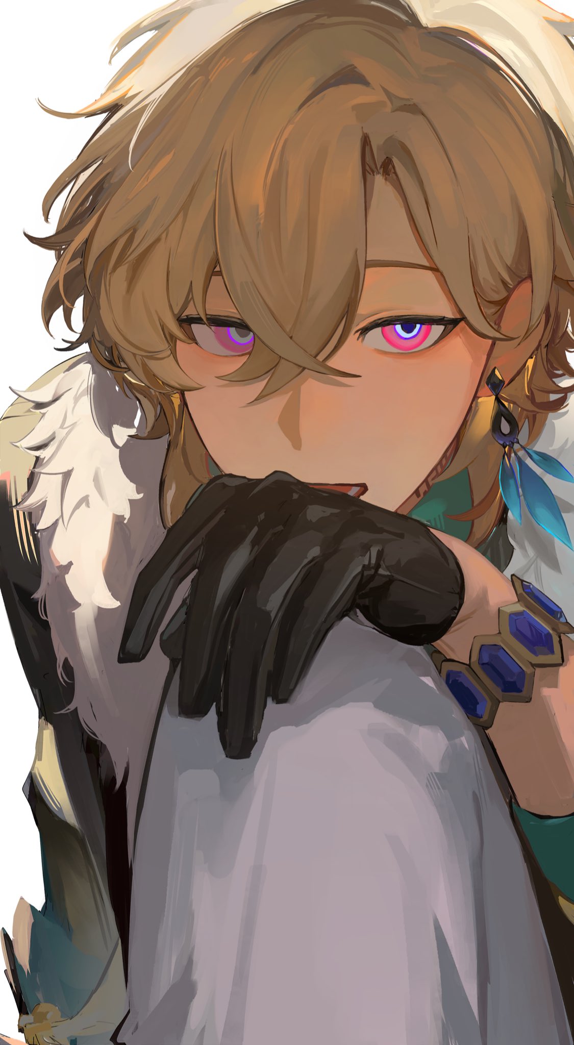 1boy, aqua_shirt, aventurine_(honkai:_star_rail), black_gloves, black_jacket, blonde_hair, blue_eyes, blue_gemstone