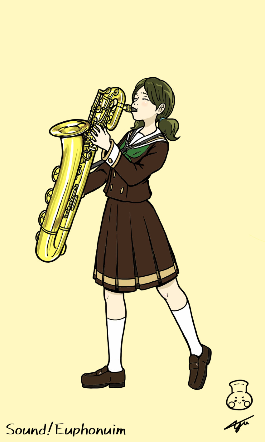 1girl, absurdres, baritone_saxophone, brown_hair, closed_eyes, hibike!_euphonium, highres, holding