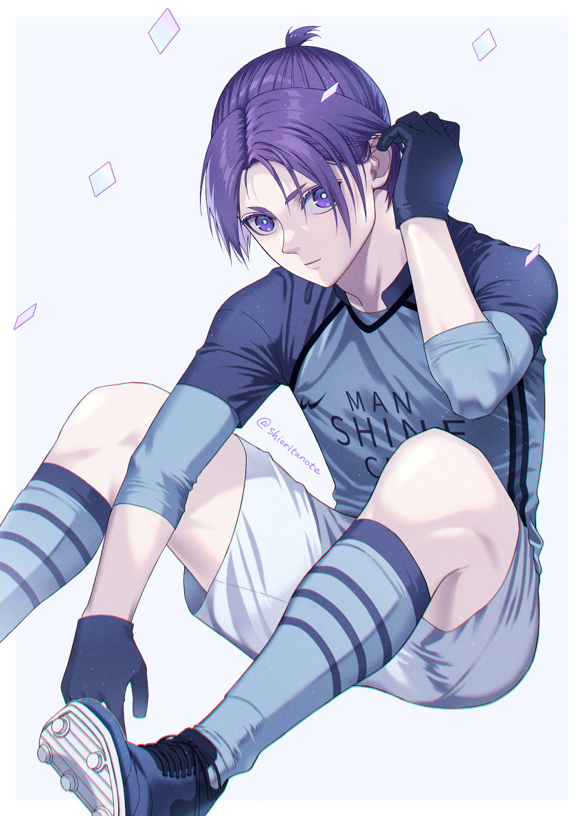 1boy, blue_footwear, blue_lock, blue_shirt, blue_socks, border, character_request, closed_mouth