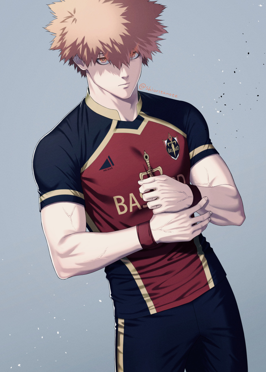 1boy, adjusting_wristband, black_shorts, black_wristband, blue_lock, closed_mouth, cowboy_shot, expressionless