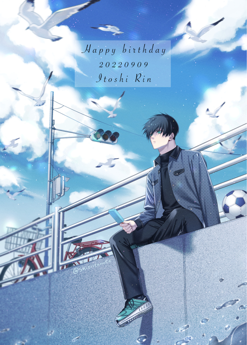 1boy, ball, bicycle, bird, black_hair, blue_eyes, blue_lock, blurry