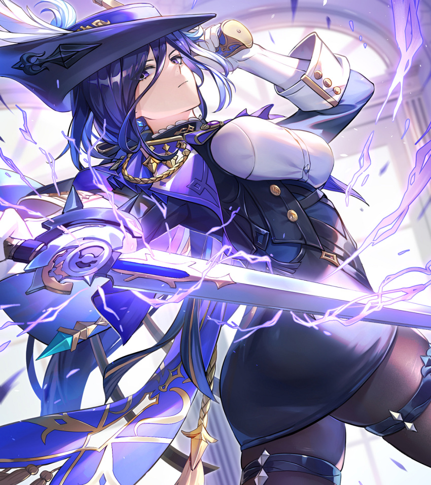 1girl, antique_firearm, ascot, black_corset, blue_cape, blue_hair, breasts, cape