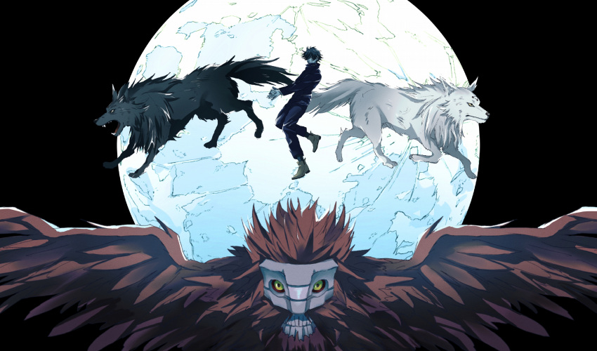 1boy, absurdres, black_background, black_hair, black_jacket, black_pants, blue_theme, dog