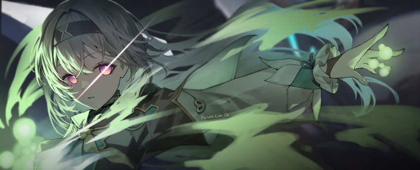 1girl, absurdres, artist_name, black_headband, firefly_(honkai:_star_rail), future_cake, glint, glowing, glowing_eyes, green_theme, grey_hair, headband, highres, honkai:_star_rail, honkai_(series), long_hair, outstretched_arm, solo, violet_eyes