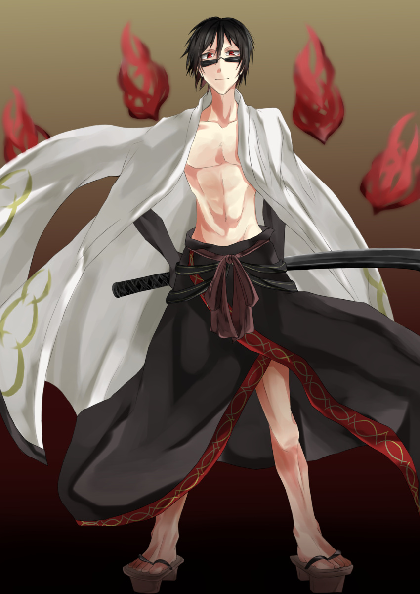 abs, black_hair, fire, full_body, glasses, highres, holding, holding_sword