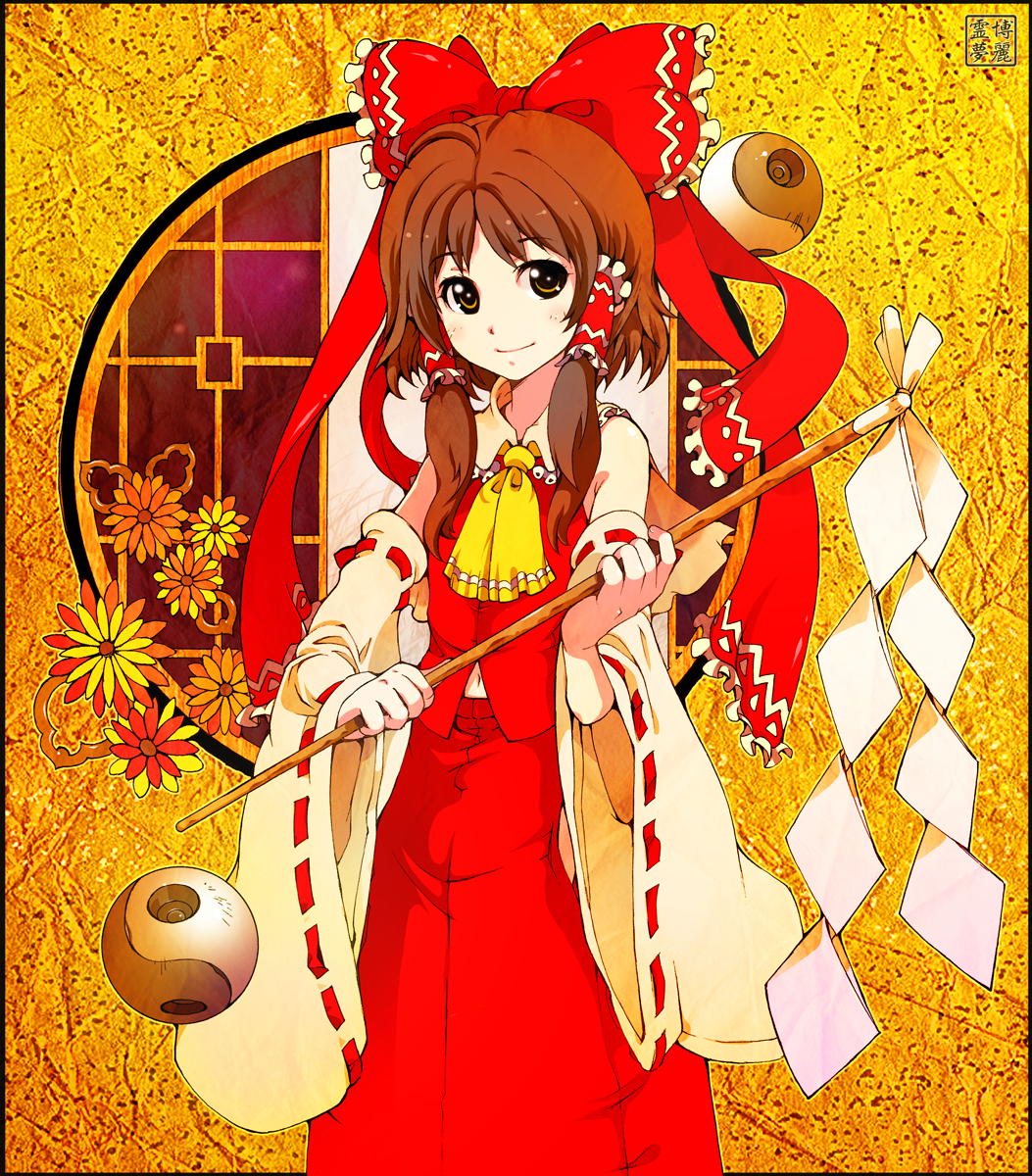1girl, ascot, bad_id, bow, brown_eyes, brown_hair, detached_sleeves, gohei