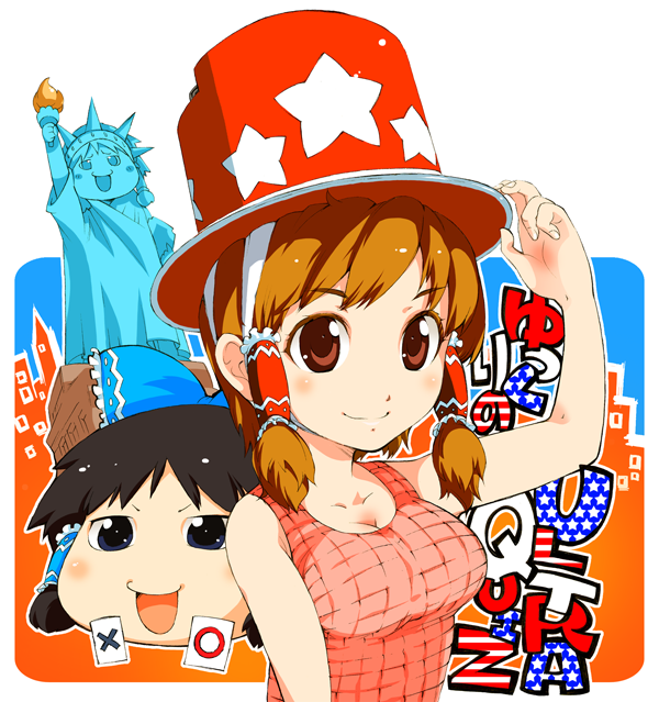 america, breasts, brown_eyes, brown_hair, cleavage, hakurei_reimu, ichizen_(artist), ichizen_(o_tori)