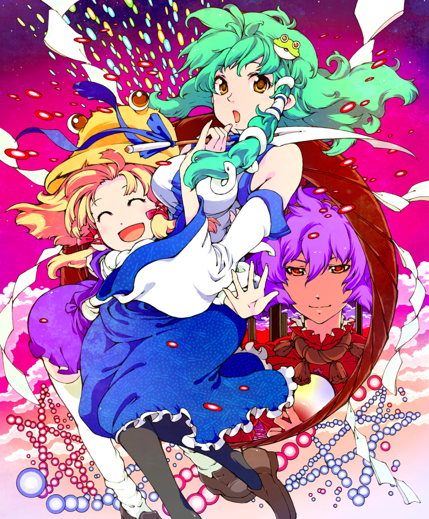 :d, :o, black_legwear, blonde_hair, danmaku, detached_sleeves, eyes, frog