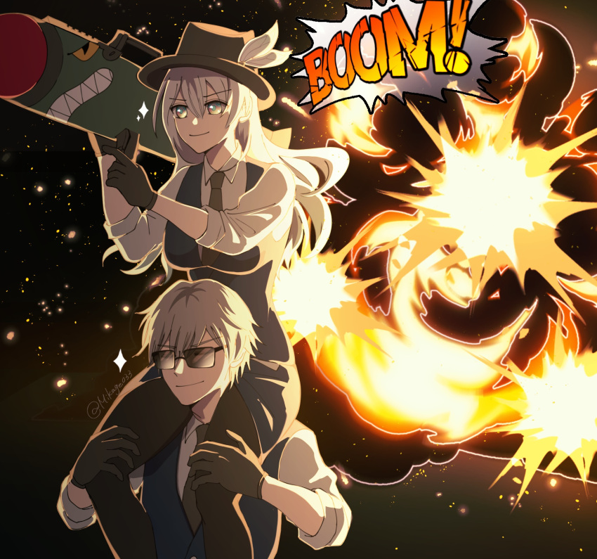 1boy, 1girl, black_gloves, caelus_(honkai:_star_rail), carrying, closed_eyes, explosion, fedora