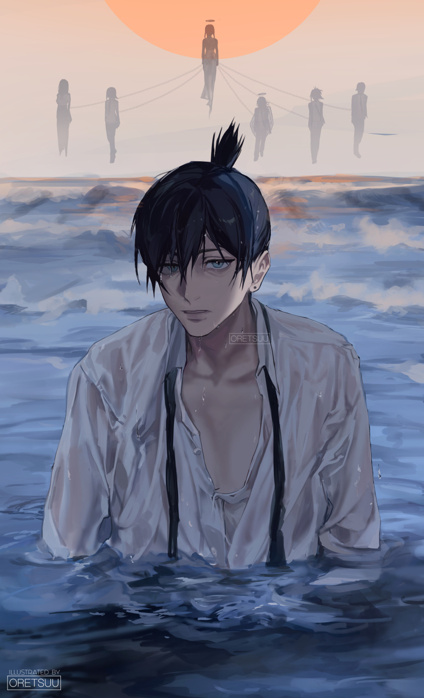 1boy, absurdres, angel_devil_(chainsaw_man), artist_name, black_dress, black_hair, black_necktie, blue_eyes